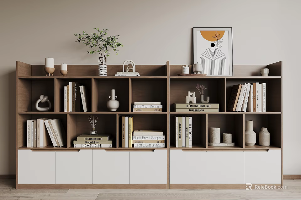 Modern Wooden And White Bookcase With Books Decorations And Artwork Above 3d model 