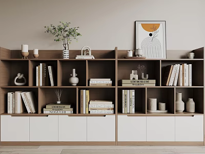 Modern Wooden And White Bookcase With Books Decorations And Artwork Above 3d model