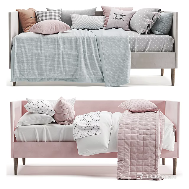 Cute Kids Bed with Soft Pink Blue Bedding Pillows and Polka Dot Patterns 3d model