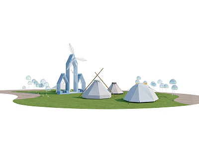 Modern park sketch camping tent triangle tent windmill landscape sketch camping park landscape tent 3d model