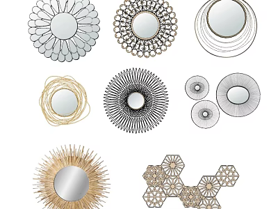 Stylish Wall Decor Collection Featuring Round Mirrors Geometric Patterns And Metallic Frames 3d model