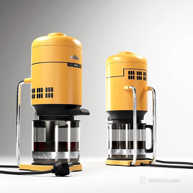 Two Yellow Electric Coffee Makers With Transparent Containers And Metal Stands 3d model 