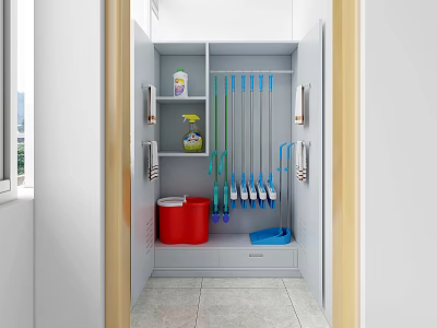School Cleaning Tools Storage Area With Mops Bucket And Cleaning Supplies 3d model