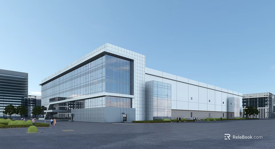 Modern Office Building With Glass Curtain Walls Silver Metal Exterior And Front Entrance Design 3d model 