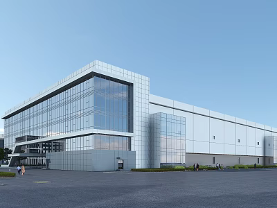 Modern Office Building With Glass Curtain Walls Silver Metal Exterior And Front Entrance Design 3d model