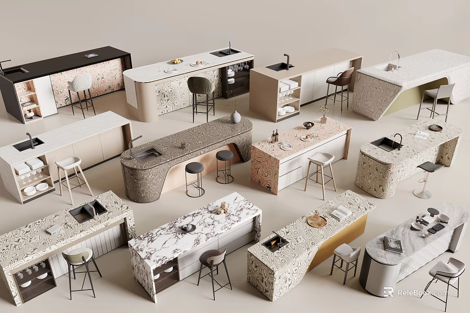 Modern Stylish Bar Counter Designs With Various Shapes And Matching Stools 3d model 