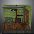 Vintage Room Corner With Green Patterned Wallpaper Silver Pipes Wooden Floor Metal Cage Radio Lantern