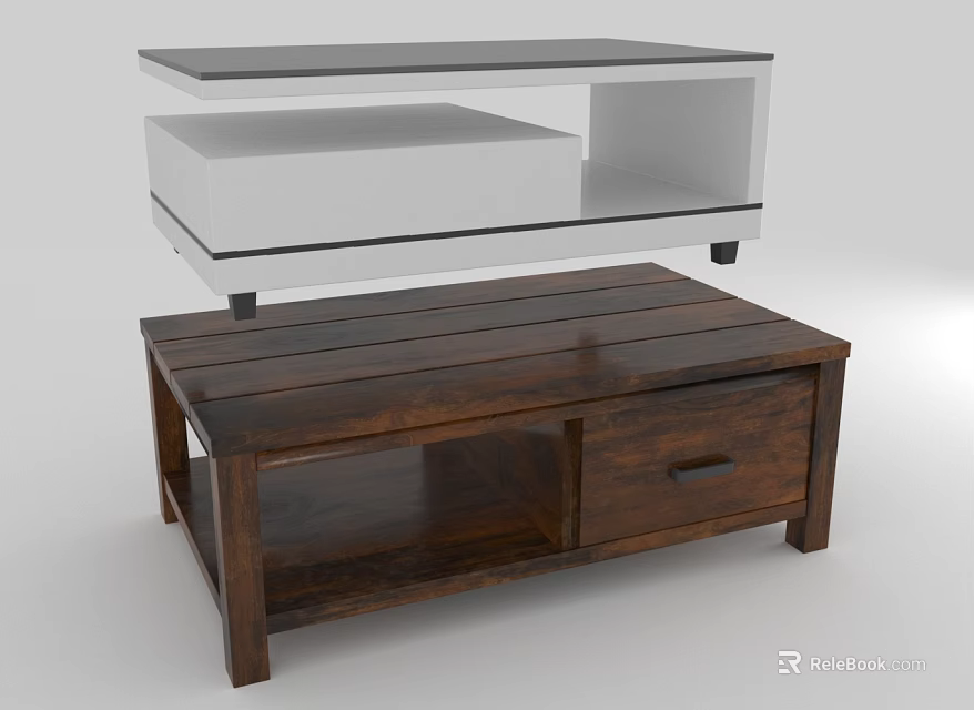 Modern White Black TV Stand and Dark Wooden Coffee Table With Storage Drawer and Compartments 3d model 