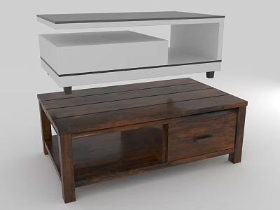Modern White Black TV Stand and Dark Wooden Coffee Table With Storage Drawer and Compartments 3d model