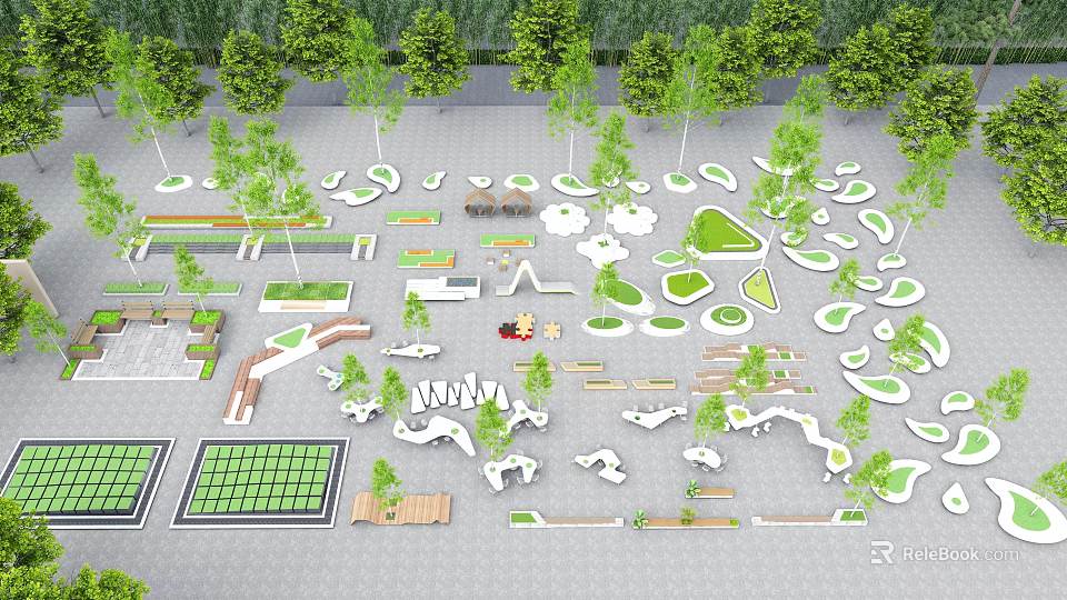 Tree Planters Design Featuring Various Shapes And Greenery In Paved Public Space 3d model