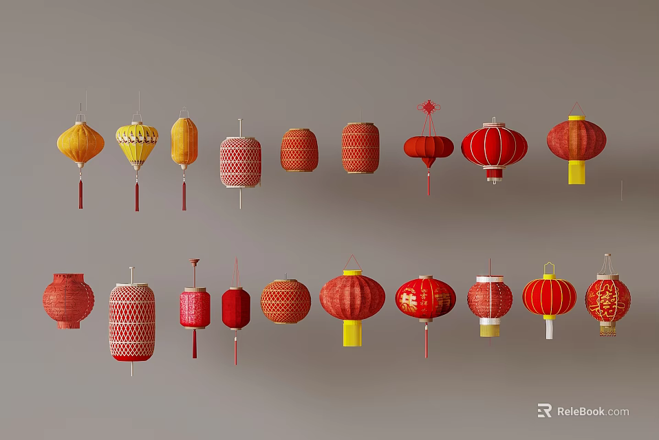 Colorful Traditional Chinese Lanterns With Various Designs Shapes And Hanging Decorations 3d model 