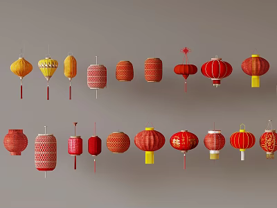Colorful Traditional Chinese Lanterns With Various Designs Shapes And Hanging Decorations 3d model
