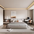 Modern Bedroom Interior with Upholstered Bed Desk Chair Large Window and Wall Artwork