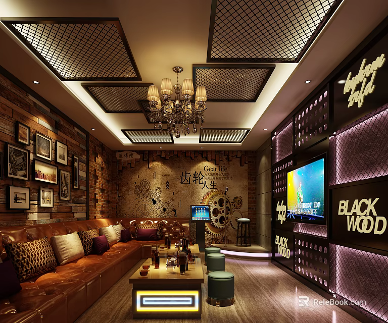Modern KTV Interior With Vintage Brick Walls Decorative Paintings Chandelier And Neon Signs 3d model 