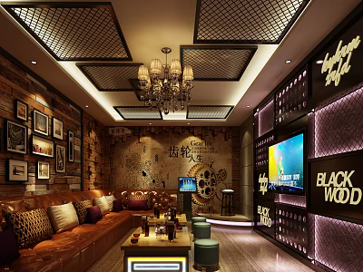 Modern KTV Interior With Vintage Brick Walls Decorative Paintings Chandelier And Neon Signs 3d model