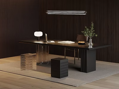 Modern Black Desk Setup With Laptop Lamp Plant Chair And Wooden Wall 3d model