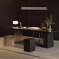 Modern Black Desk Setup With Laptop Lamp Plant Chair And Wooden Wall