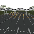 Toll Plaza With Multiple Lanes Covered Canopy Directional Arrows And Green Trees