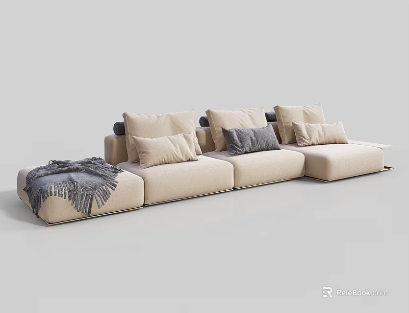 Modern Beige Sectional Sofa With Multiple Pillows And Gray Throw Blanket 3d model