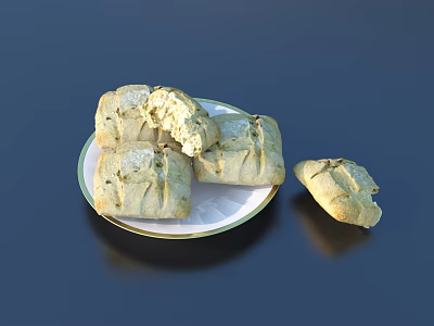 Freshly Baked Crusty Bread on White Plate With Green Rim Against Dark Background 3d model