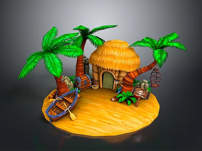 Commercial Tropical Themed Decorative Equipment With Thatched Hut Palm Trees And Boat 3d model