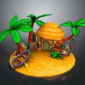 Commercial Tropical Themed Decorative Equipment With Thatched Hut Palm Trees And Boat