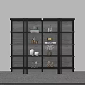 Modern Black Frame Shelving Unit With Grey Shelves And Decorative Items 3d model
