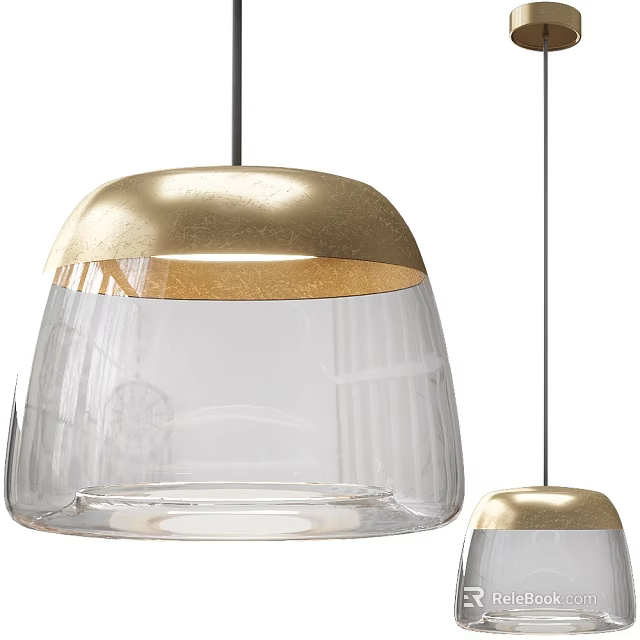 Two Modern Elegant Pendant Lights with Gold Top and Transparent Glass Design 3d model 