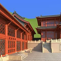 Traditional Ancient Chinese Architecture With Multi Tiered Roof Red Eaves Stone Steps And Front Square