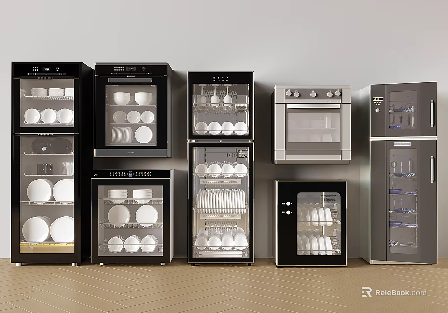 Modern Kitchen Electrical Appliances Display With Various Oven And Refrigerator Types 3d model 