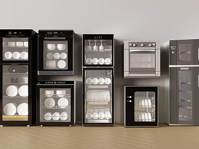 Modern Kitchen Electrical Appliances Display With Various Oven And Refrigerator Types 3d model