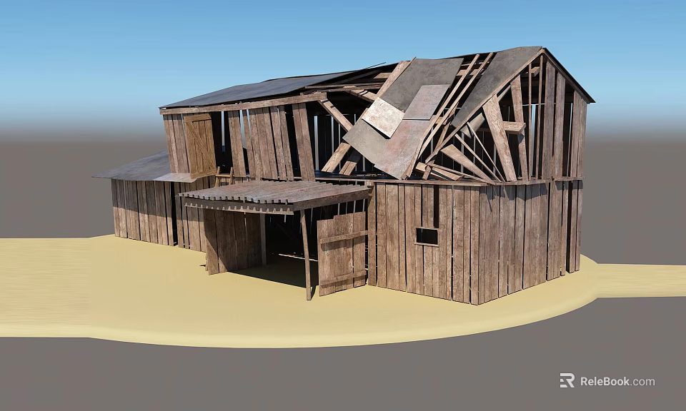 Old Wooden Detached House With Damaged Roof And Simple Rural Structure Set In Sandy Terrain 3d model 