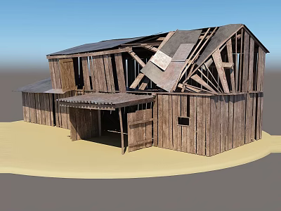 Old Wooden Detached House With Damaged Roof And Simple Rural Structure Set In Sandy Terrain 3d model