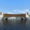 Modern Arch Bridge With Wooden Roof Over Scenic River Surrounded By Trees And Blue Sky