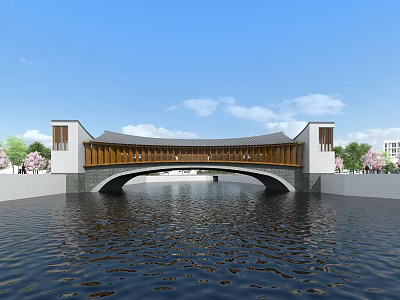 Modern Arch Bridge With Wooden Roof Over Scenic River Surrounded By Trees And Blue Sky 3d model