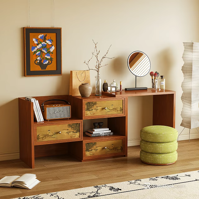 Wooden Dressing Table With Round Mirror Cosmetics Vase And Green Round Stool 3d model 