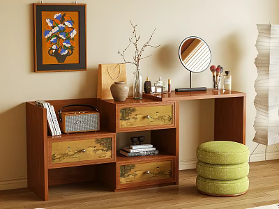 Wooden Dressing Table With Round Mirror Cosmetics Vase And Green Round Stool 3d model