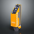 Yellow Industrial Machinery With Vertical Body Black Components Warning Stripes And Gray Base