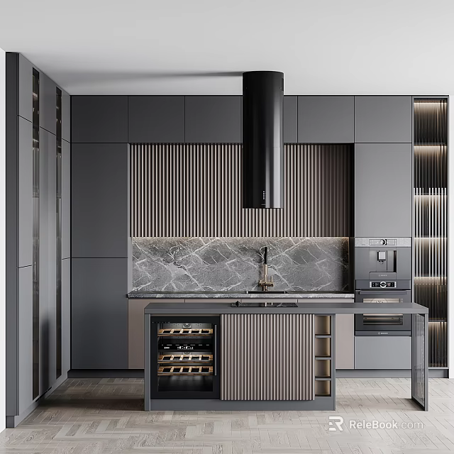 Modern Kitchen Interior With Gray Cabinets Marble Countertop Black Range Hood And Wine Rack 3d model 