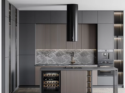 Modern Kitchen Interior With Gray Cabinets Marble Countertop Black Range Hood And Wine Rack 3d model
