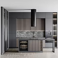 Modern Kitchen Interior With Gray Cabinets Marble Countertop Black Range Hood And Wine Rack