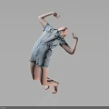 Child Performing Dance Move In Blue Denim Romper Barefoot On Gray Background