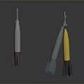 Three Different Colored Rocket Weapons with Yellow White Blue Bodies and Thrusters
