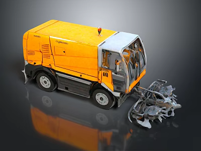 Computer Generated 3D Model of Yellow Sweeper Truck with Cleaning Gear 3d model
