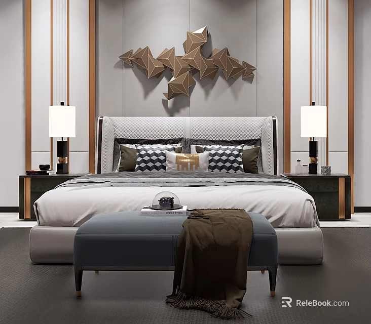 Modern Double Bed Interior With Geometric Wall Art Nightstands Table Lamps And Bed Bench 3d model 