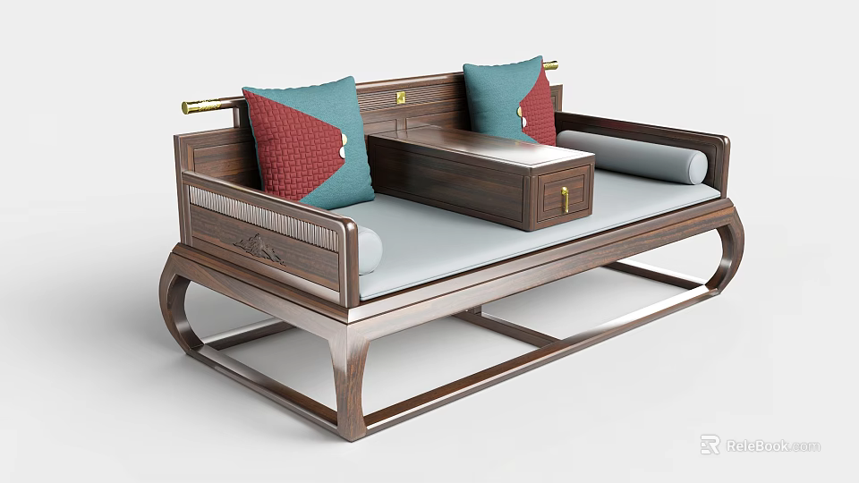 Classic Chinese Wooden Arhat Bed With Colorful Cushions And Central Tea Table 3d model 