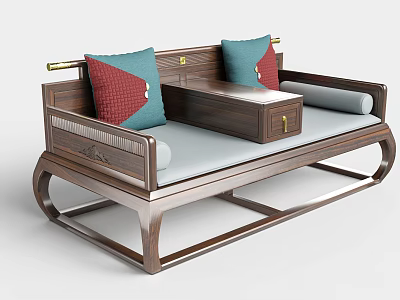 Classic Chinese Wooden Arhat Bed With Colorful Cushions And Central Tea Table 3d model
