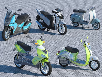 Multiple Colorful Scooter Motorcycles In Different Styles Parked On Paved Ground 3d model