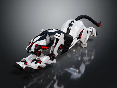 Mechanical Leopard With White Black Body Red Details In Dynamic Pose On Smooth Reflective Surface 3d model