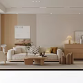 Modern Cream Wood Style Living And Dining Space With Comfortable Soft Home Interior Furnishings